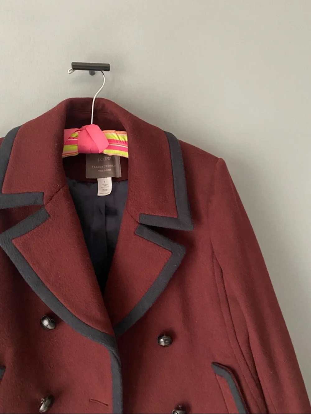 J. Crew Double-Breasted Burgundy Pea Coat with Black Trim Size 6 - Picture 4 of 5